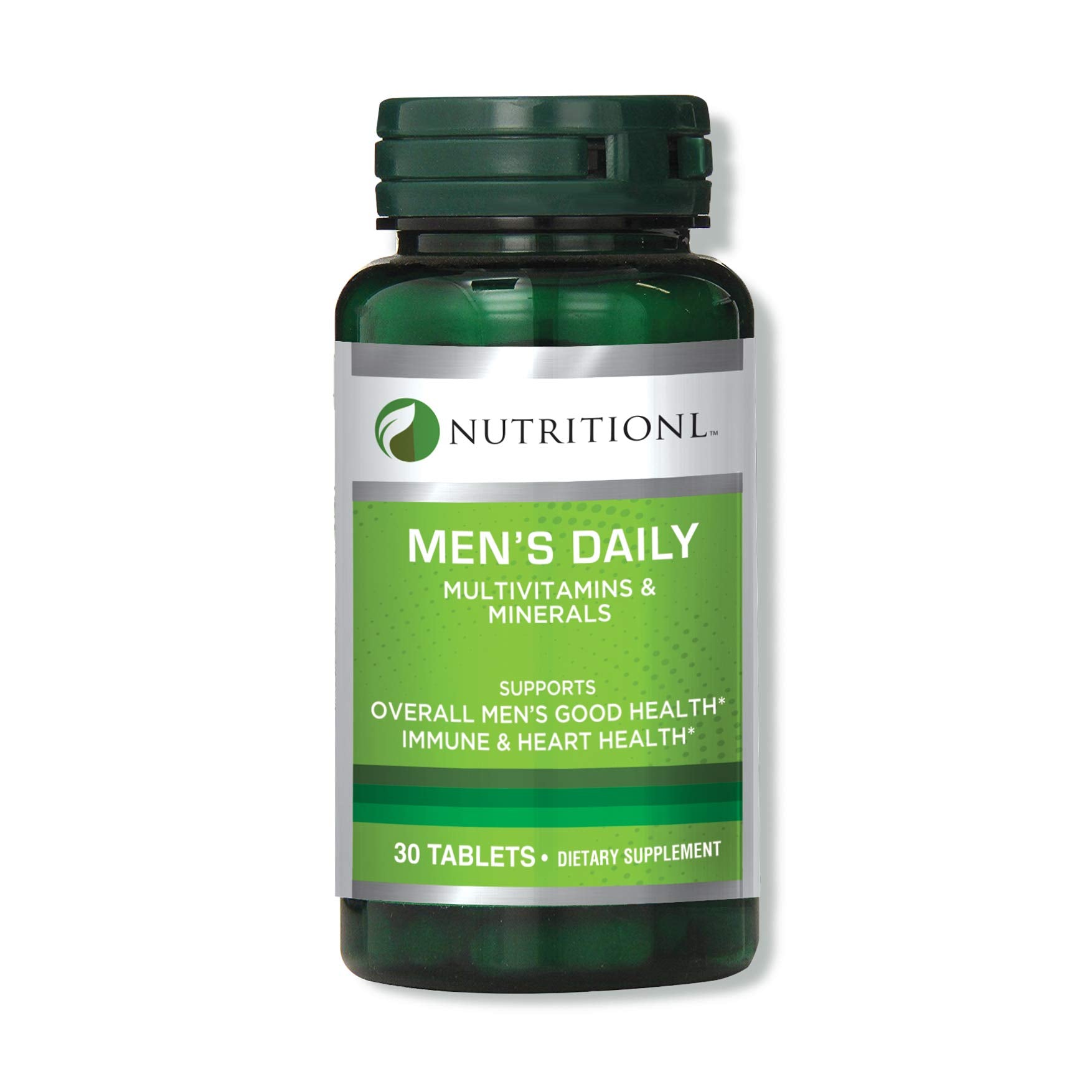 Nutritionl green bottle of men's daily multivitamin supplement 30 tablets for immune and heart support