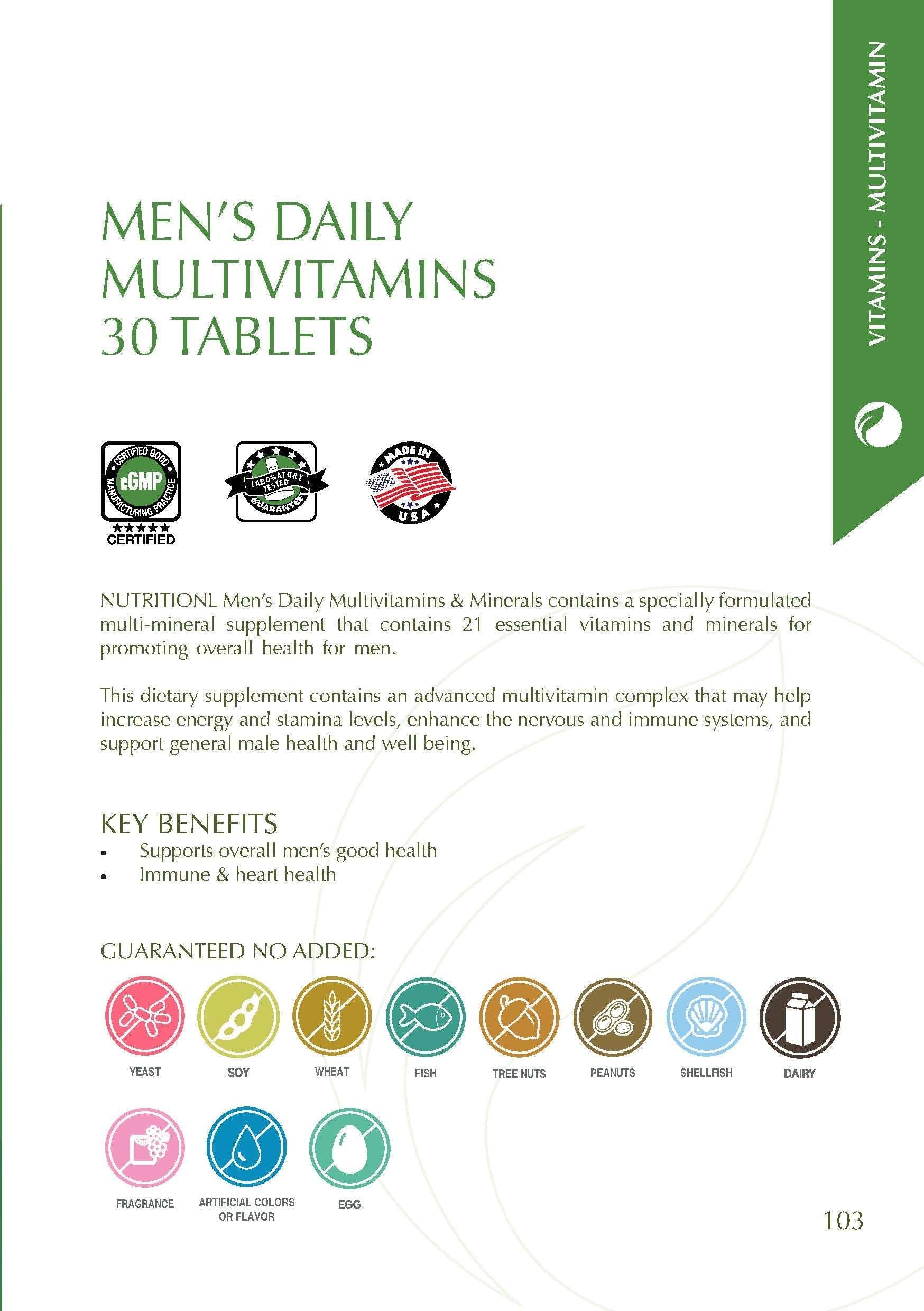 Nutritionl label for men's daily multivitamin supplement 30 tablets with 21 essential vitamins minerals and benefits