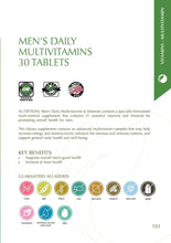 Multivitamin product label panel with icons and supplement details, 30 tablets