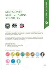 Nutritionl label for men's daily multivitamin supplement 30 tablets with 21 essential vitamins minerals and benefits