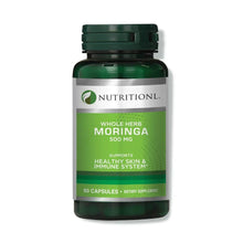 Whole herb moringa 500 mg dietary supplement bottle, 60 capsules, dark green label