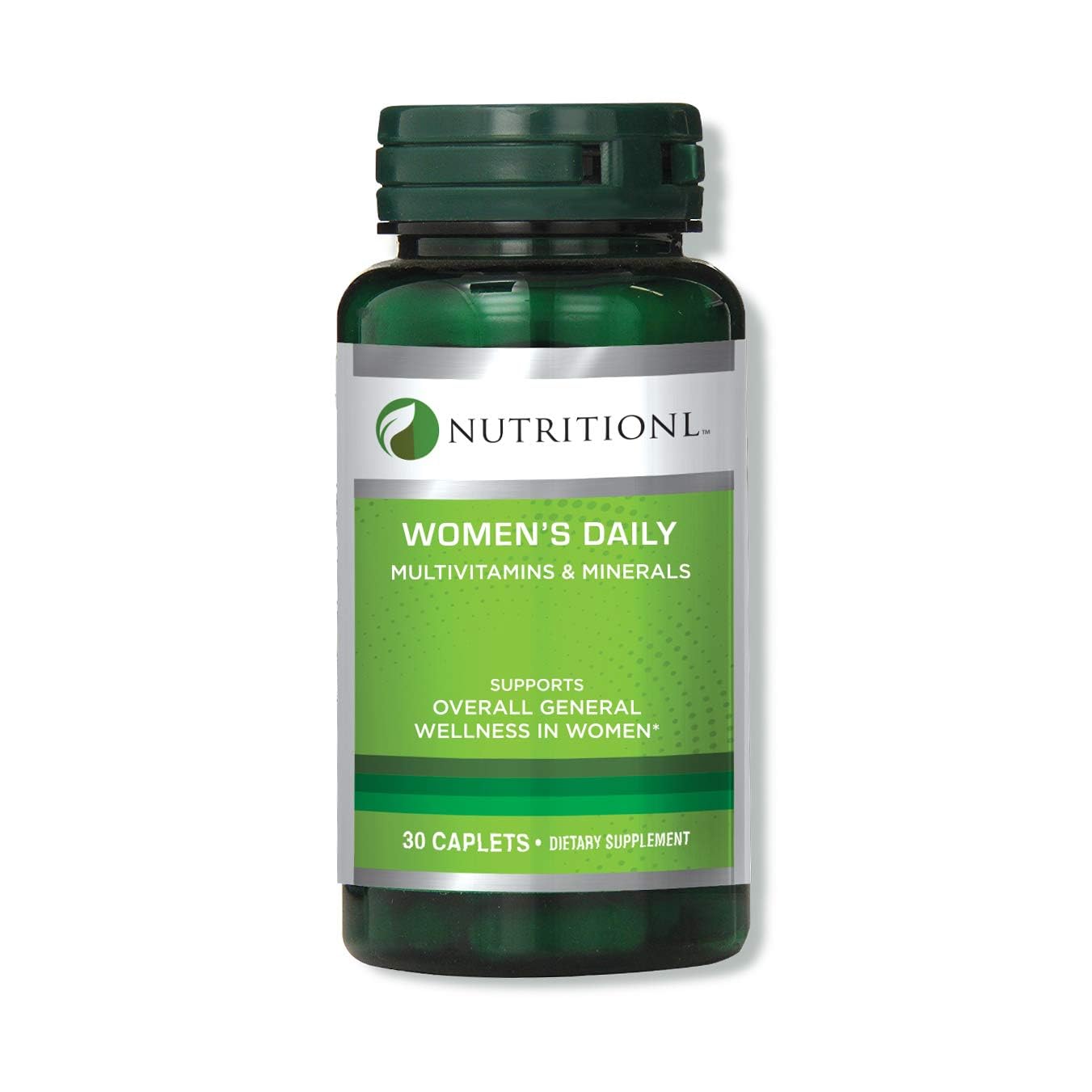 Nutritionl green bottle of Women's Daily multivitamins and minerals 30 caplets nutritional women's multivitamin caplets
