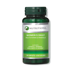 Nutritionl green bottle of Women's Daily multivitamins and minerals 30 caplets nutritional women's multivitamin caplets