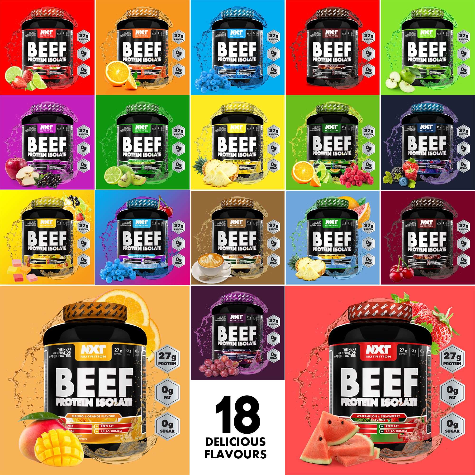 Colorful collage of NXT beef protein isolate tubs in 18 delicious flavors with fruit images