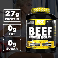 NXT beef protein isolate pineapple cooler flavor tub 27g protein 0g fat 0g sugar fitness supplement