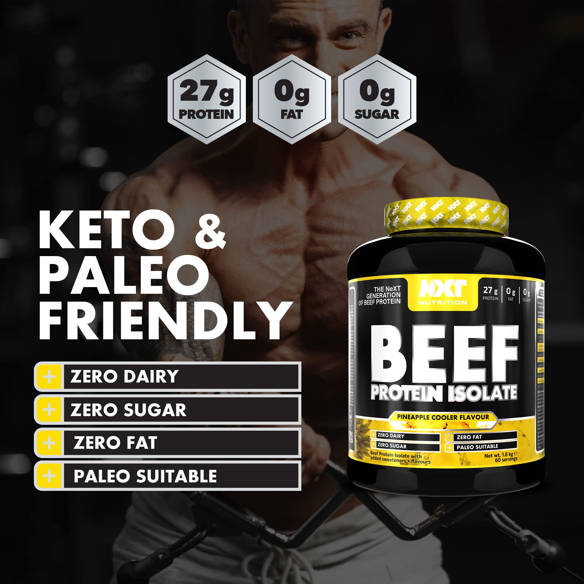 NXT beef protein isolate tub Pineapple Cooler flavor with 27g protein zero dairy sugar fat keto and paleo