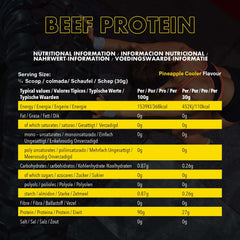 NXT beef protein isolate nutrition label, Pineapple Cooler flavor, 30g serving with 27g protein and 110 kcal per serving