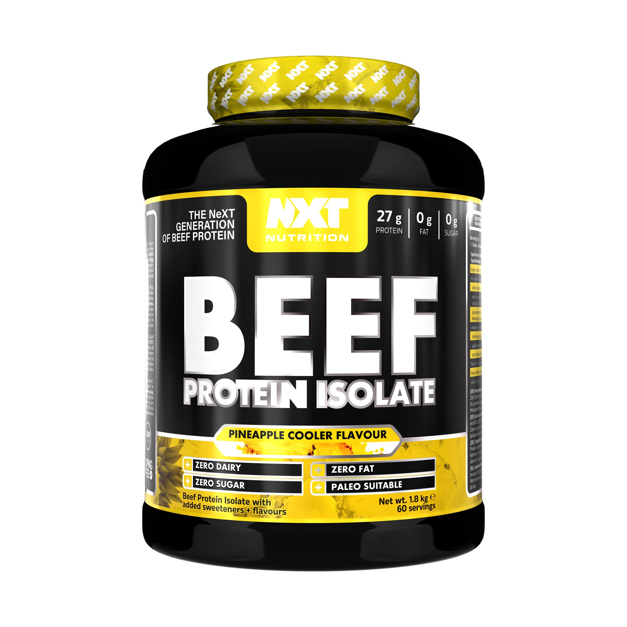 Black tub of NXT beef protein isolate pineapple cooler flavor showing label 27g protein zero dairy zero sugar