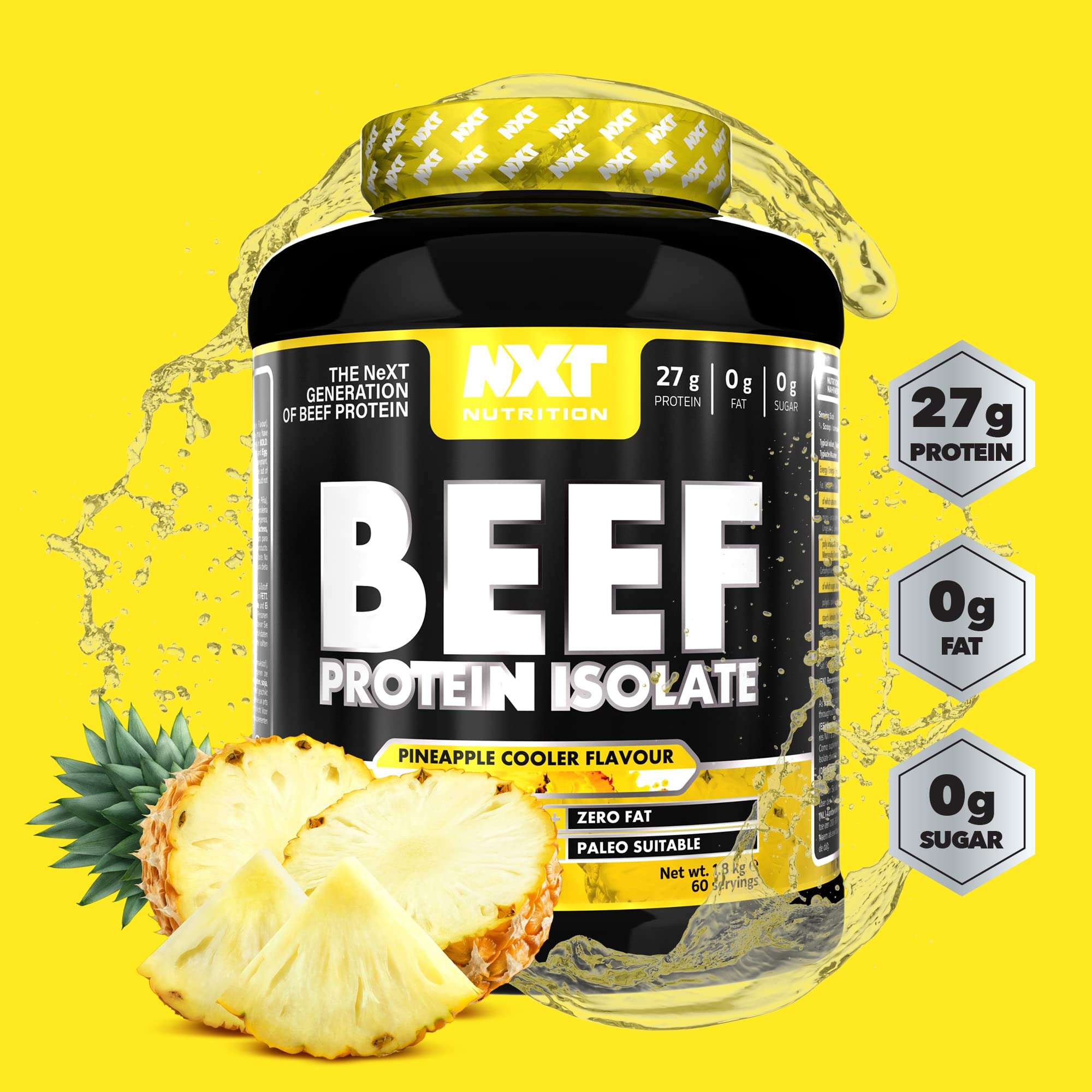 NXT beef protein isolate pineapple cooler flavor tub with pineapple slices 27g protein zero fat zero sugar