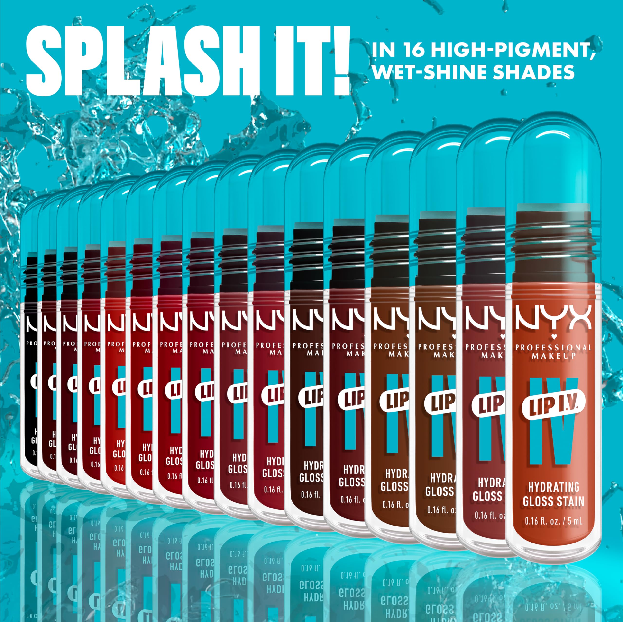 NYX Lip IV Hydrating Gloss Stain collection featuring 16 vibrant, high-pigment shades for glossy lips