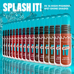 NYX Lip IV Hydrating Gloss Stain collection featuring 16 vibrant, high-pigment shades for glossy lips