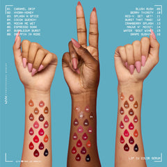 Swatches of NYX Lip IV Hydrating Gloss Stain on three arms showcasing various shades and finishes