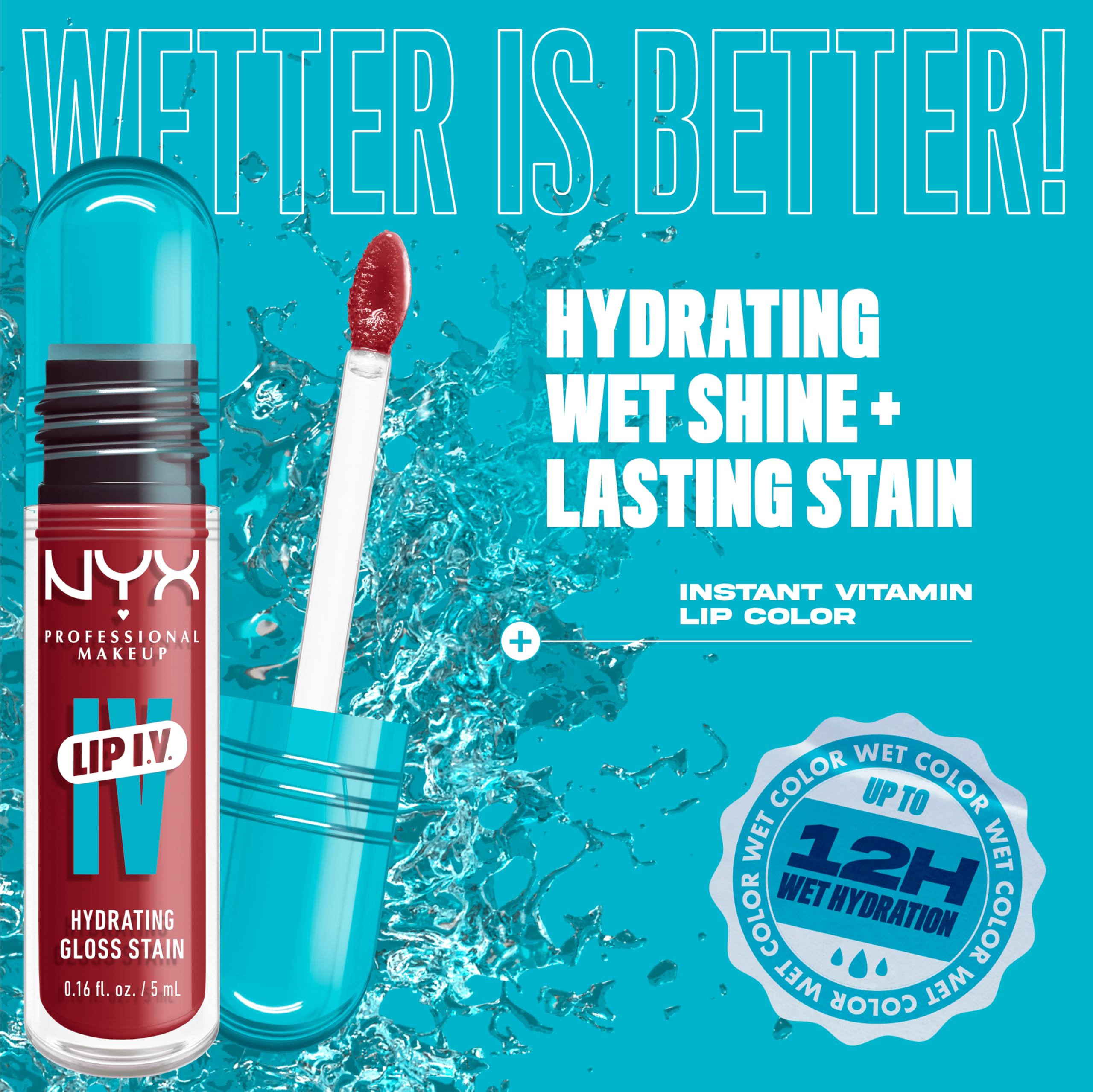 NYX Lip IV Hydrating Gloss Stain in vibrant red with applicator, promoting wet shine and lasting color
