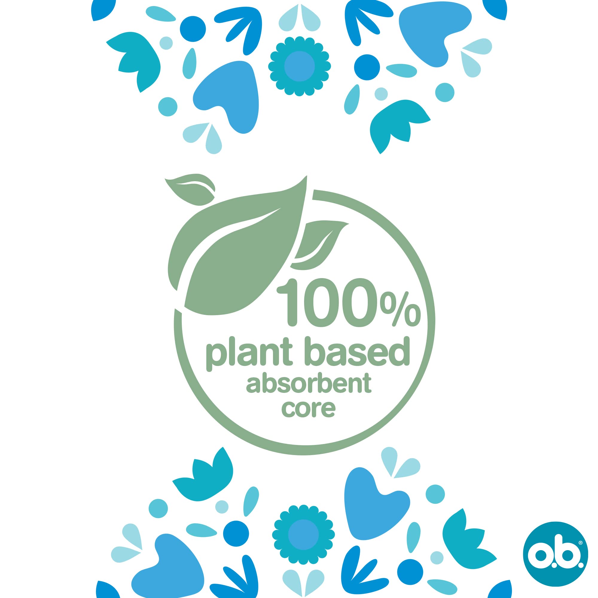 OB Procomfort tampons normal packaging close up showing 100 percent plant based absorbent core emblem and blue floral design
