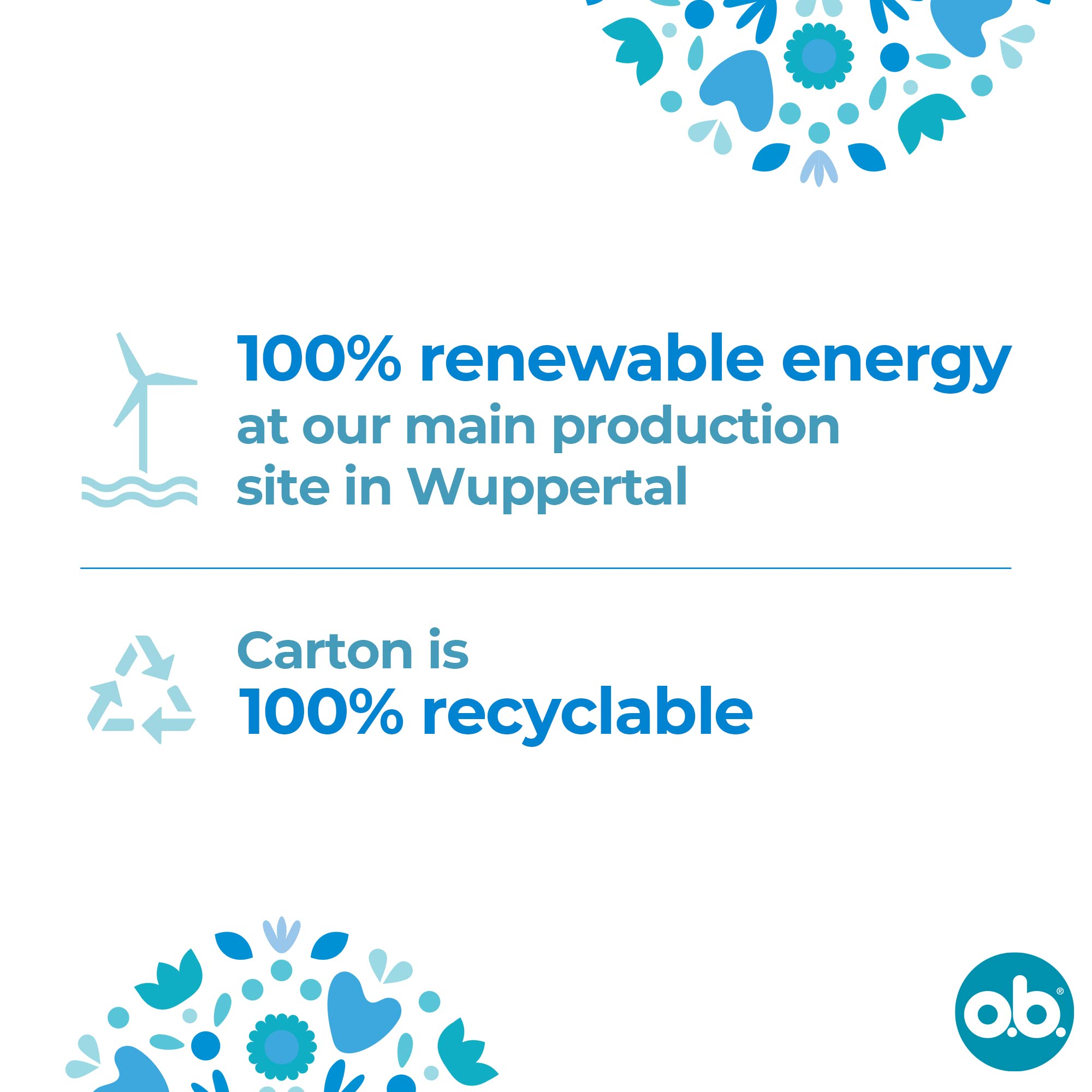OB Procomfort tampons normal packaging showing 100 percent renewable energy and 100 percent recyclable carton message