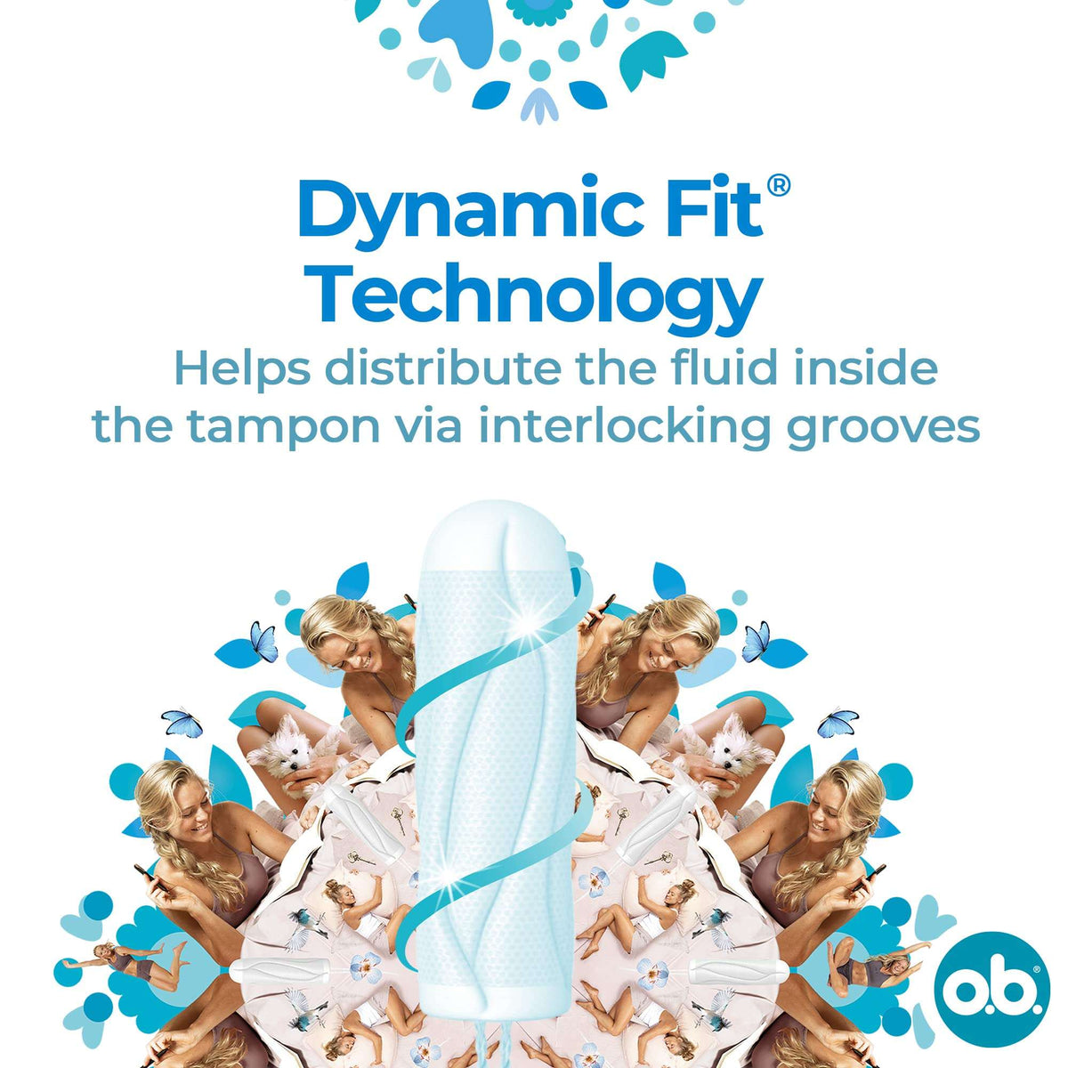 OB Procomfort tampons normal image with single tampon and Dynamic Fit Technology text and lifestyle collage