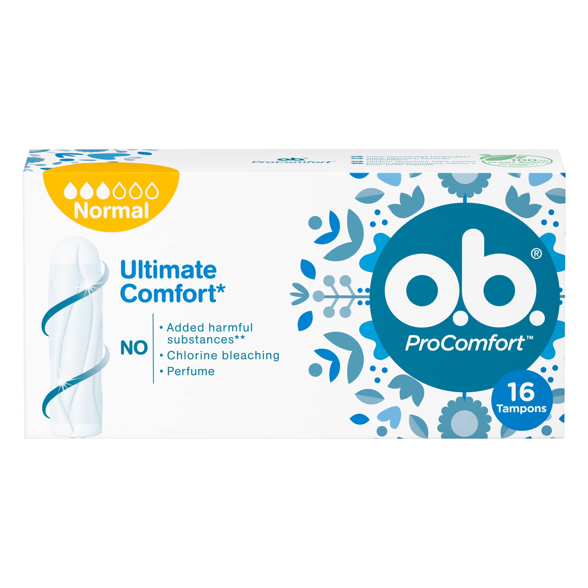Box of 16 OB Procomfort tampons normal white packaging showing Ultimate Comfort no perfume or chlorine
