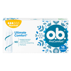 Box of 16 OB Procomfort tampons normal white packaging showing Ultimate Comfort no perfume or chlorine