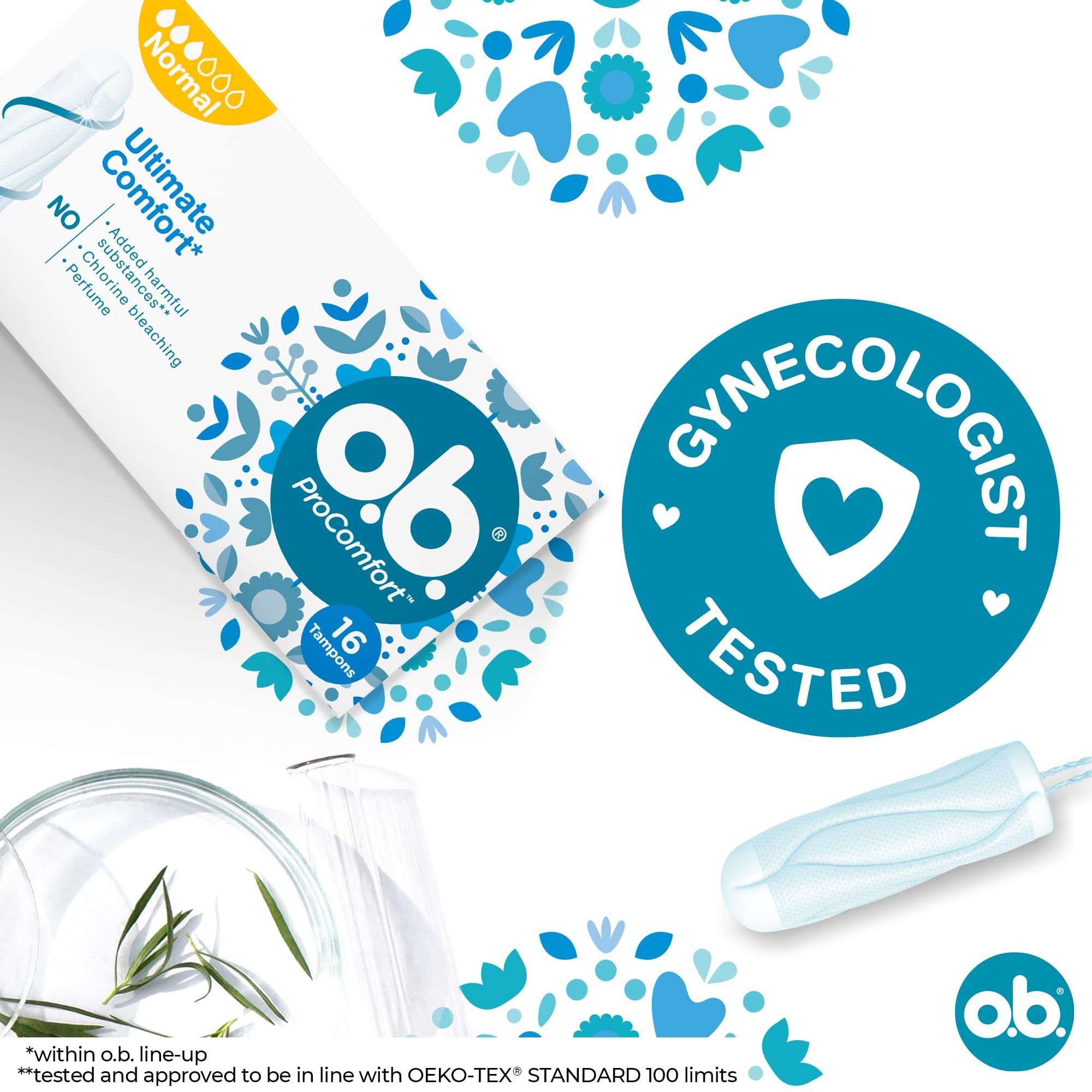 OB Procomfort tampons normal product box showing 16 count pack gynecologist tested badge and single tampon