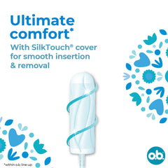 OB Procomfort tampons normal white SilkTouch tampon with spiral ribbon on blue floral background