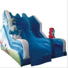 Inflatable ocean wave slide with blue slide lane and tall side walls, kid theme print