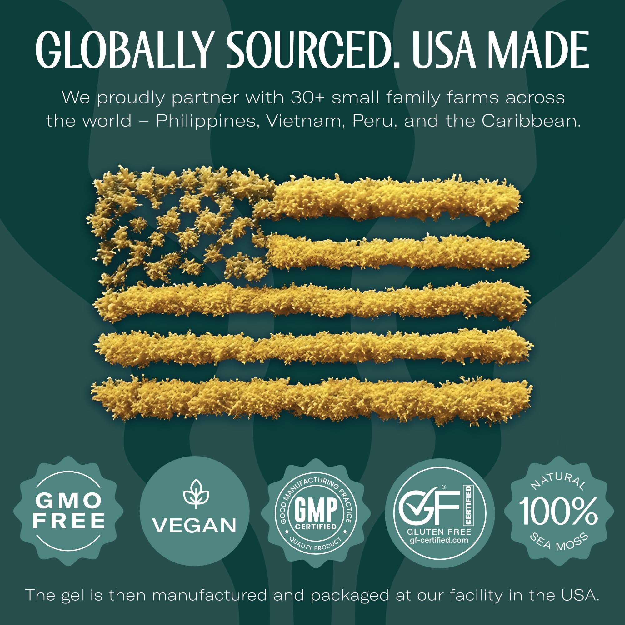TrueSeaMoss sea moss gel mango pineapple USA made image showing yellow sea moss American flag and vegan icons