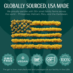 TrueSeaMoss sea moss gel mango pineapple USA made image showing yellow sea moss American flag and vegan icons