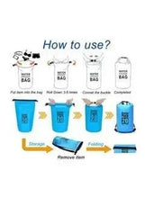 Waterproof dry bag usage infographic showing flat folding and roll-top lock