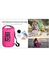 Waterproof dry bag 15L diagram with pink bag and accessory clips