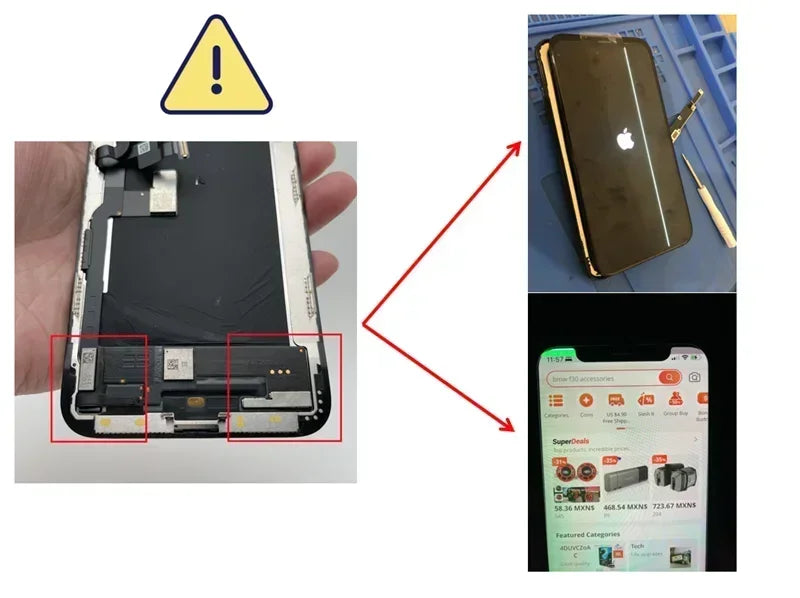 Mumzar iPhone LCD screen replacement showing connector locations and installed screen booting Apple logo and app display