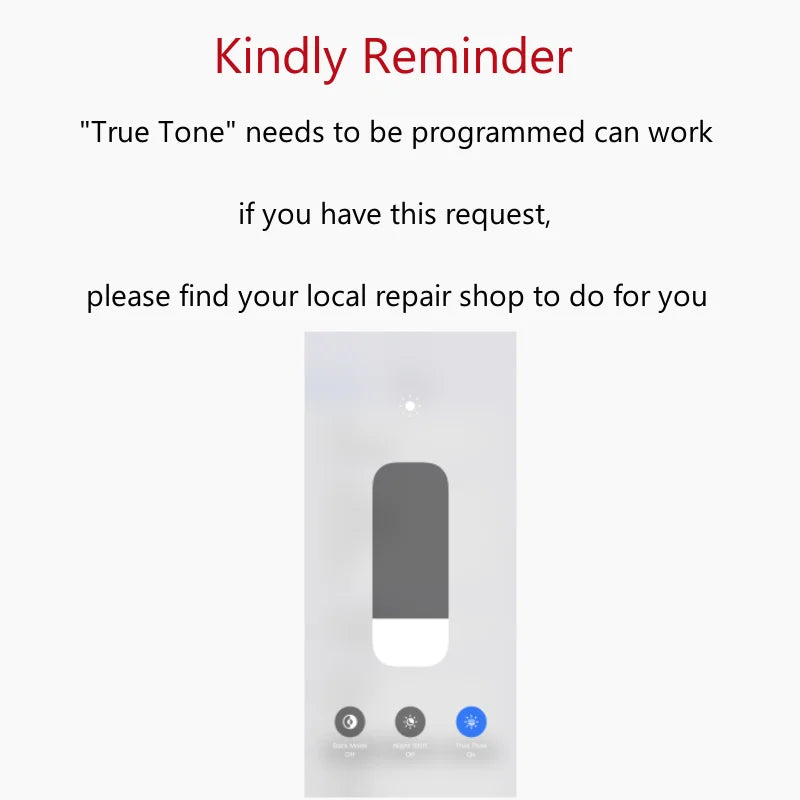 iPhone LCD screen replacement notice from Mumzar showing True Tone programming reminder with brightness slider