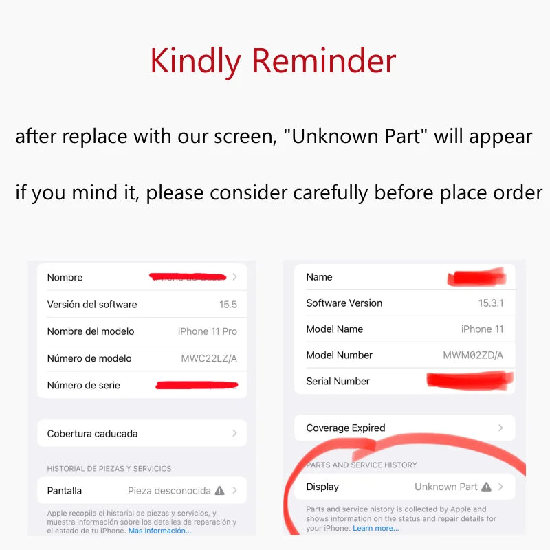 Mumzar iPhone LCD screen replacement warning showing iPhone Settings screenshots with Display Unknown Part message