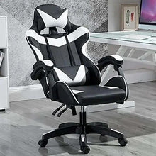 Black-and-white ergonomic office chair with cushioned seat, headrest, and swivel legs