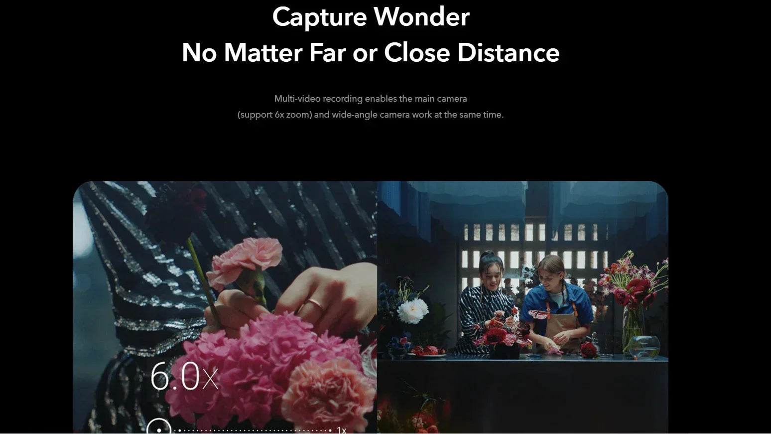 HONOR 50 used smartphone promotional image showing macro flowers and group scene demonstrating far to close six times zoom