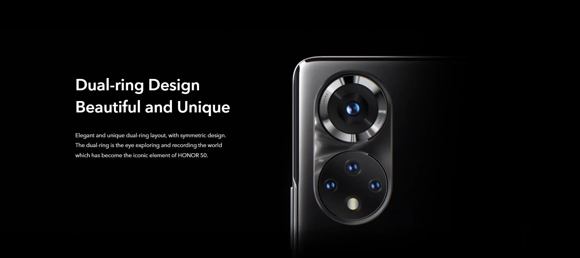 HONOR 50 used smartphone close up showing dual ring rear camera design on glossy black finish