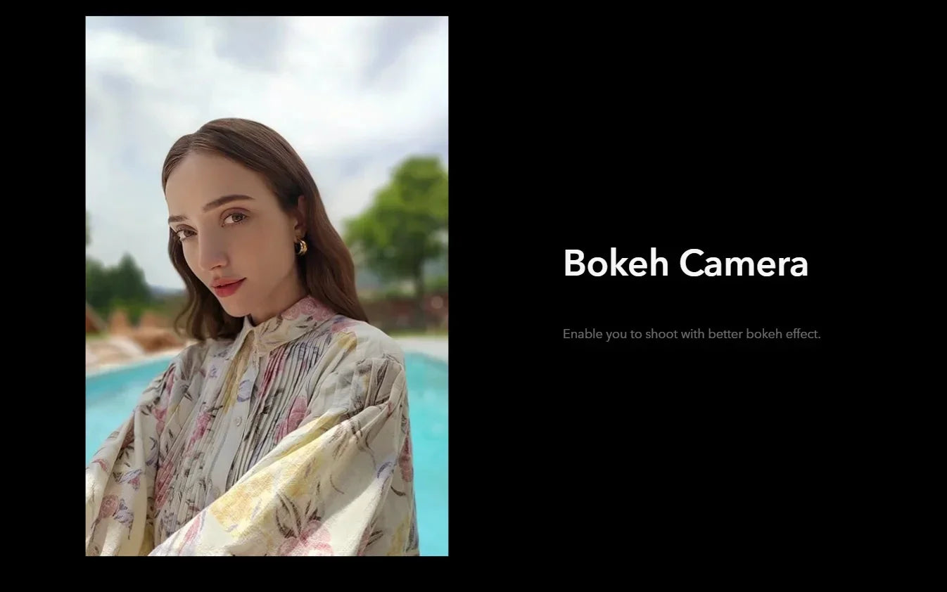 HONOR 50 used smartphone portrait of woman with bokeh pool background highlighting bokeh camera feature