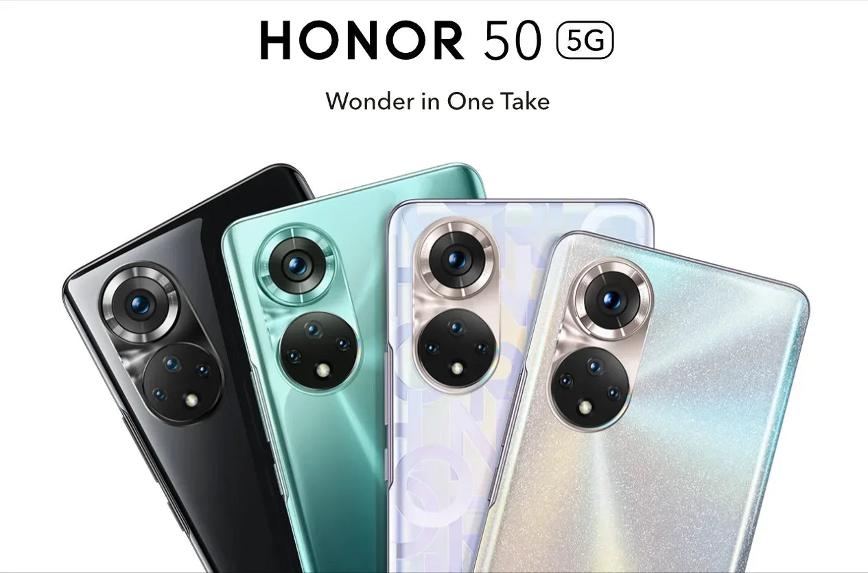 HONOR 50 used smartphone lineup showing four color variants including black green and iridescent finishes