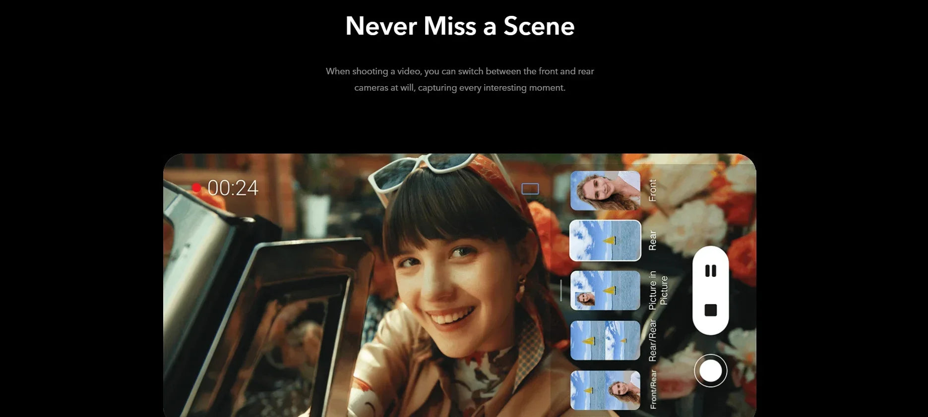 HONOR 50 used smartphone displaying video recording UI with smiling woman in car and multi camera thumbnails