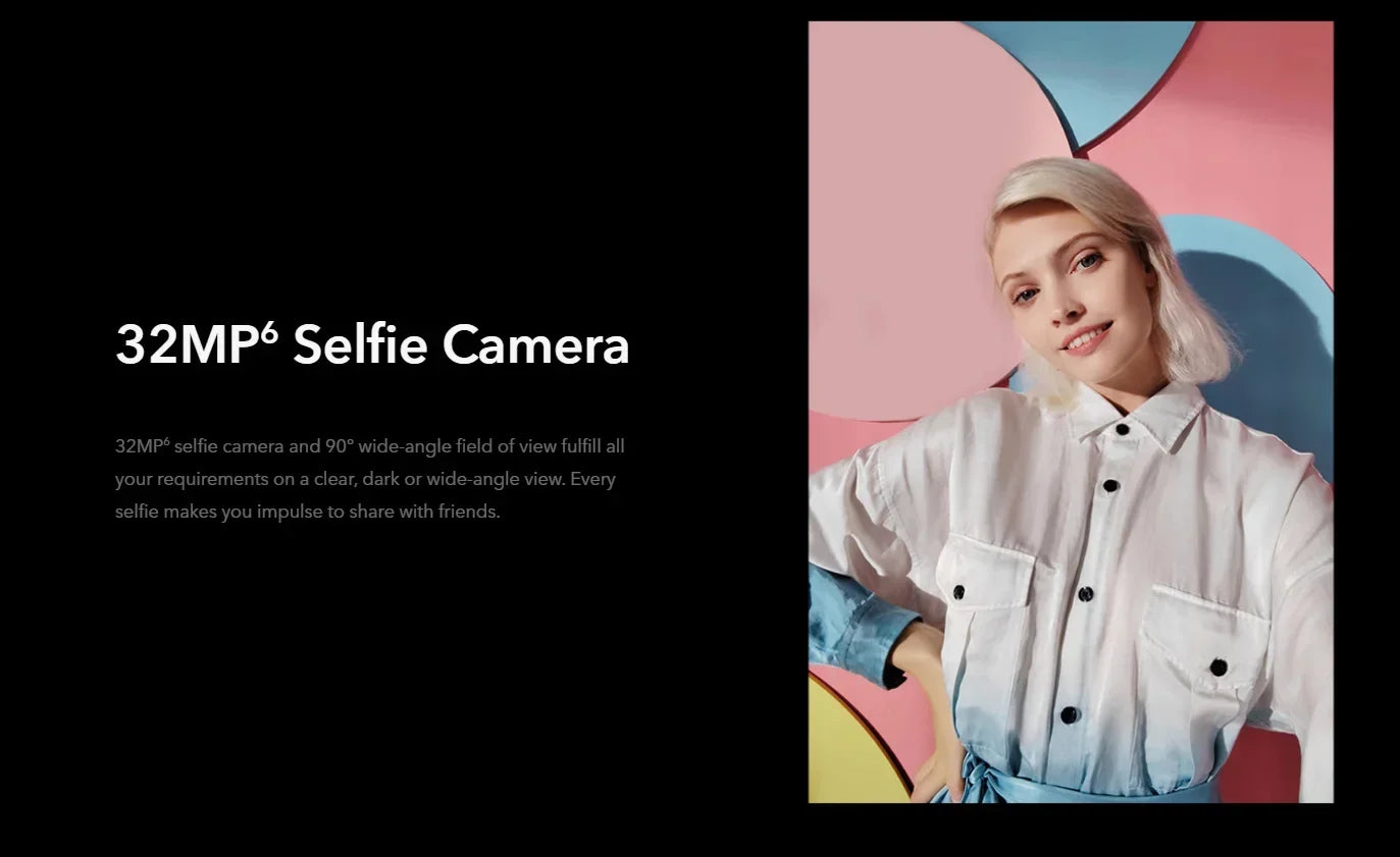 HONOR 50 used smartphone showcasing 32MP selfie camera sample portrait of woman on colorful backdrop