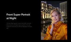 HONOR 50 used smartphone front portrait night mode selfie of woman in orange blouse by waterfront city lights