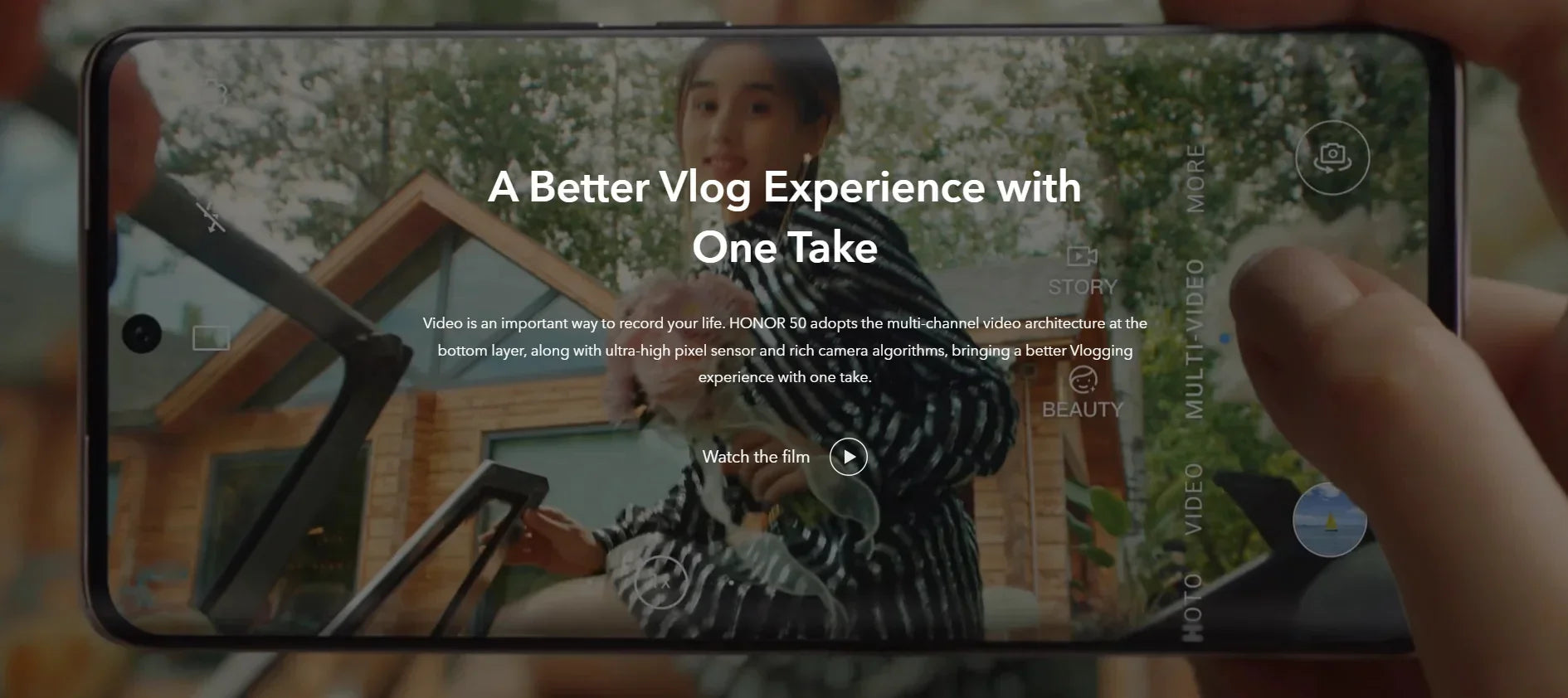 HONOR 50 used smartphone held horizontally recording a vlog with front camera showing person and UI controls