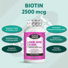 Biotin 2500 mcg bottle with purple 'Hair, Skin & Nail' label, 60 capsules