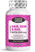 Biotin supplement bottle with purple 'Hair, Skin & Nail' label and 60 capsules