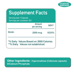 Oladole Natural supplement facts label showing biotin 2500 mcg per capsule biotin capsules for hair growth 60 servings