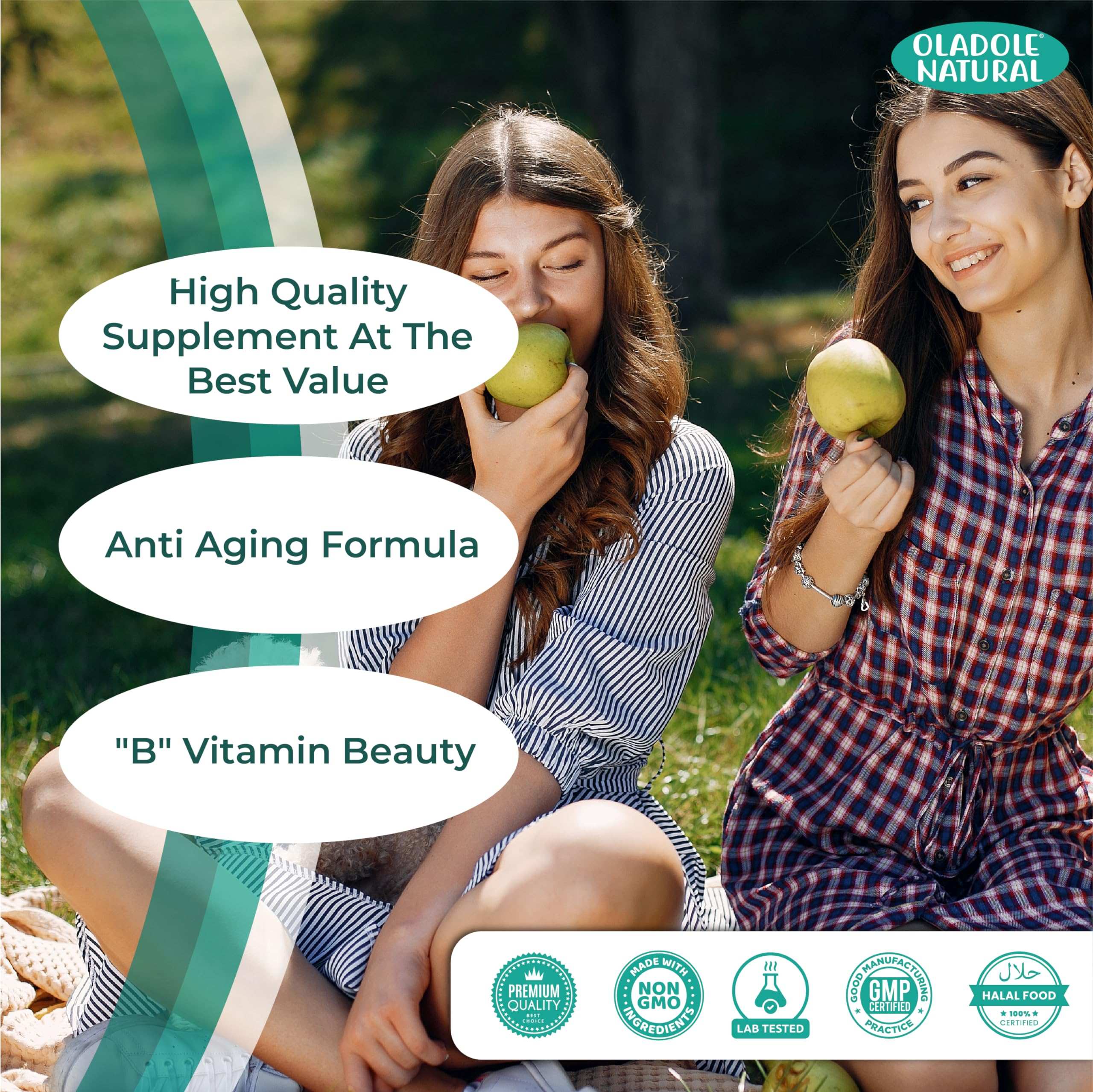 Oladole Natural supplement ad with two women outdoors and text bubbles promoting biotin capsules for hair growth