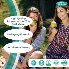 Oladole Natural supplement ad with two women outdoors and text bubbles promoting biotin capsules for hair growth