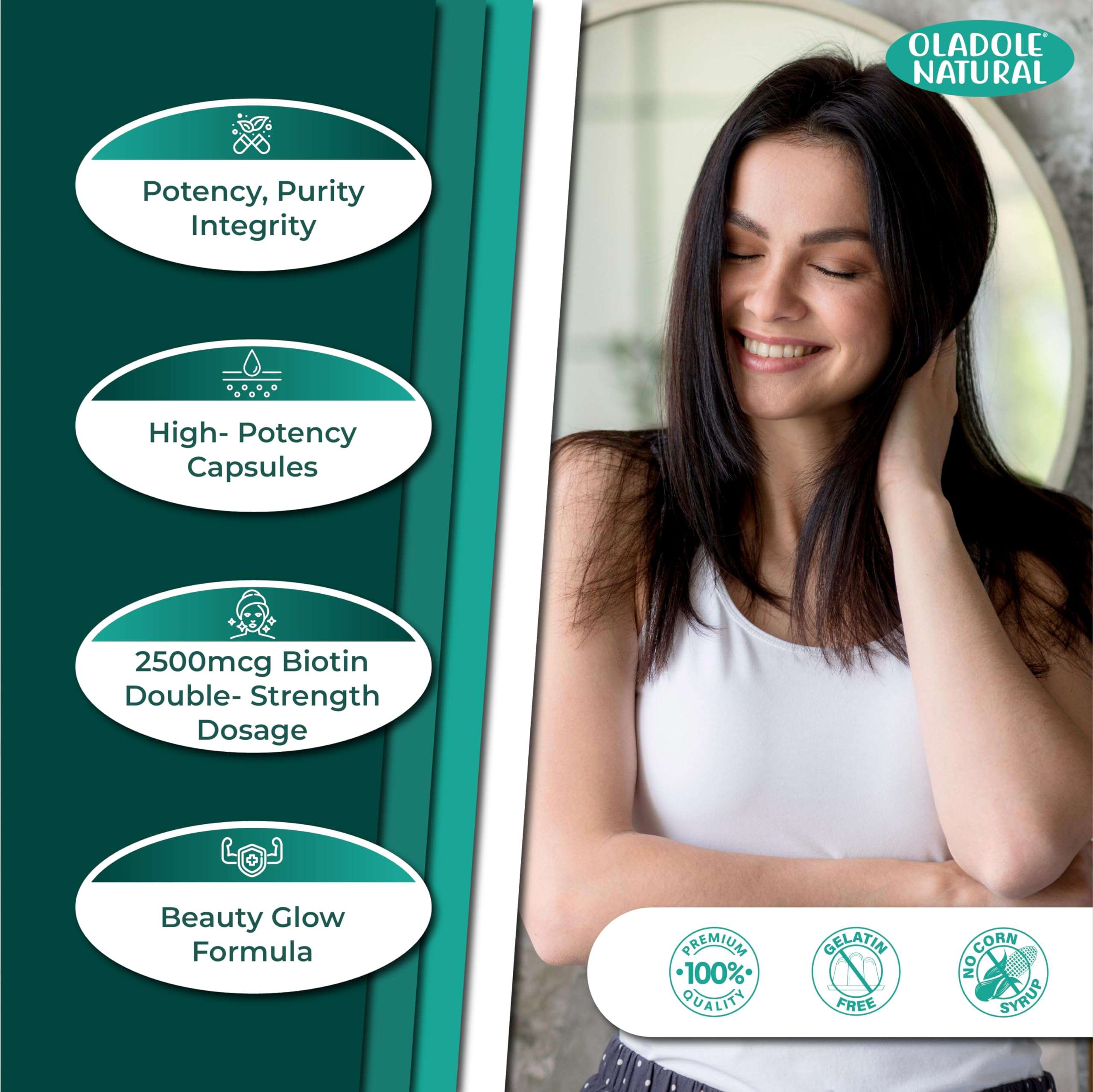 Oladole Natural supplement label and smiling woman showcasing biotin capsules for hair growth 2500mcg double strength