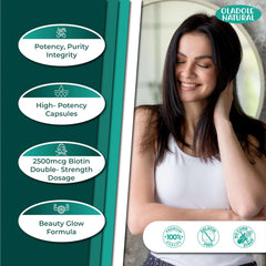 Oladole Natural supplement label and smiling woman showcasing biotin capsules for hair growth 2500mcg double strength