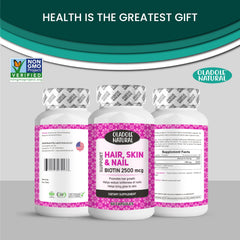 Oladole Natural Hair Skin Nail biotin 2500 mcg triple bottle display with labels biotin capsules for hair growth