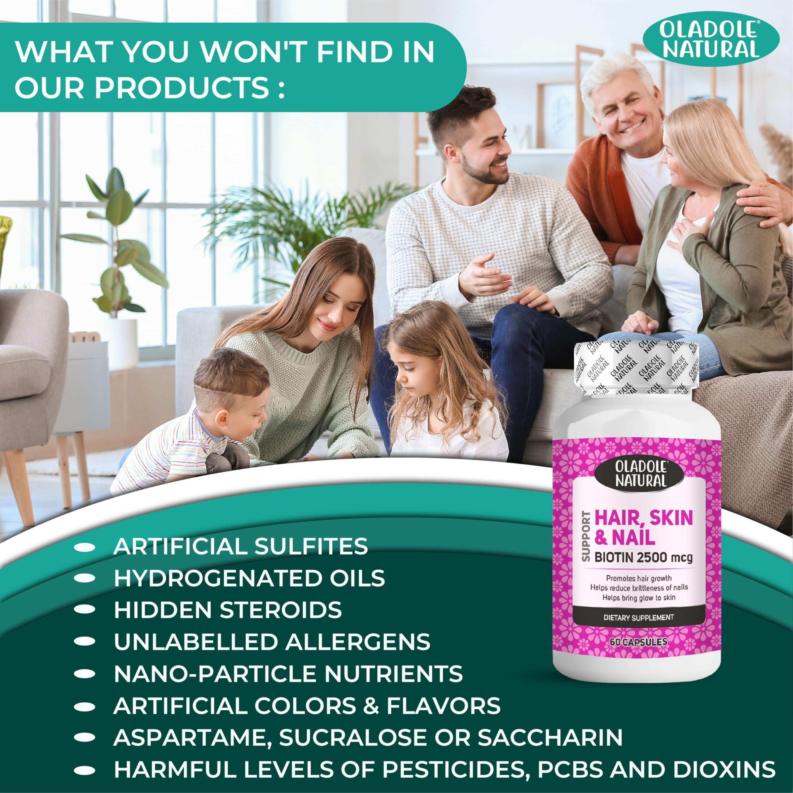 Oladole Natural Hair Skin and Nail supplement bottle with family showing natural formula benefits biotin capsules for hair growth